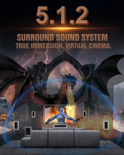 Vista 2 de Barra de sonido de 5.1.2 canales para Smart TV, 4 altavoces envolventes, sistema de sonido envolvente virtual con cable, potencia máxima de 400 W