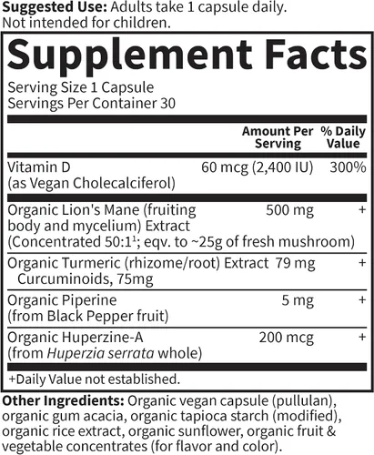Vista 3 de Garden of Life Suplemento de salud cerebral con melena de león orgánica y cúrcuma, sin OMG, sin gluten, sabor a menta, para memoria, enfoque