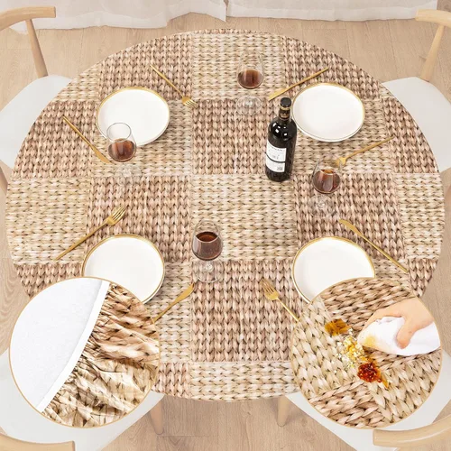 Vista 17 de UMINEUX - Mantel redondo de vinilo ajustable con bordes elásticos y reverso de franela, funda de mesa redonda impermeable, fácil de limpiar