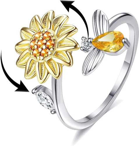 Vista 8 de Akeoqi Anillos giratorios para la ansiedad, para aliviar el estrés, tamaño ajustable, diseño abierto, anillo giratorio con incrustaciones