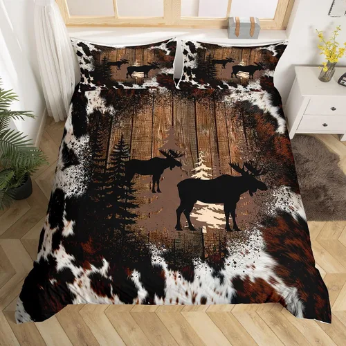 Vista 30 de Funda de edredón de oso de caza, tamaño individual, juego de ropa de cama rústica de animales del bosque para niños y niñas, funda de edredón a Oso