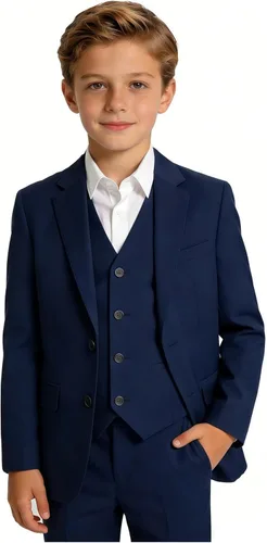 Vista 17 de Trajes para niños, traje de portador de anillos, chaleco formal y pantalones para niño, conjunto de trajes de boda Azul bebé