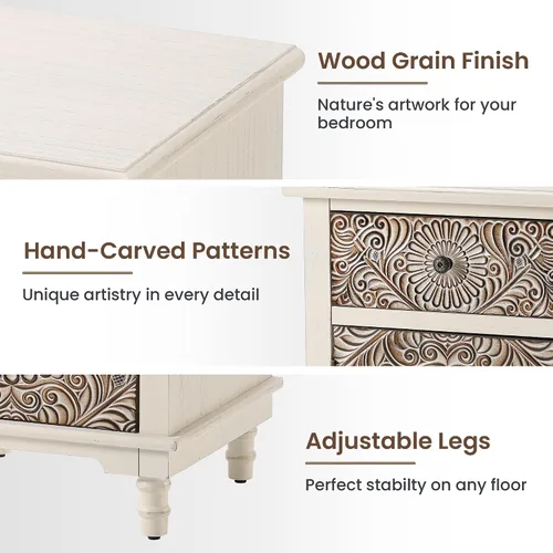 Vista 5 de HOMPUS - Mesa de noche blanca con cajón y almacenamiento, mesa de noche con motivo floral completamente ensamblada para espacios pequeños, mesa