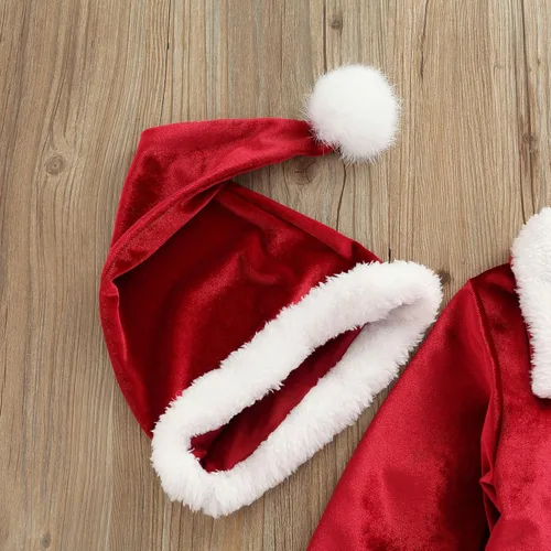 Vista 5 de HEZIOWYUN Disfraz de Papá Noel para bebés, niños y niñas, chaqueta navideña de terciopelo de manga larga + pantalones largos + sombrero de Navidad
