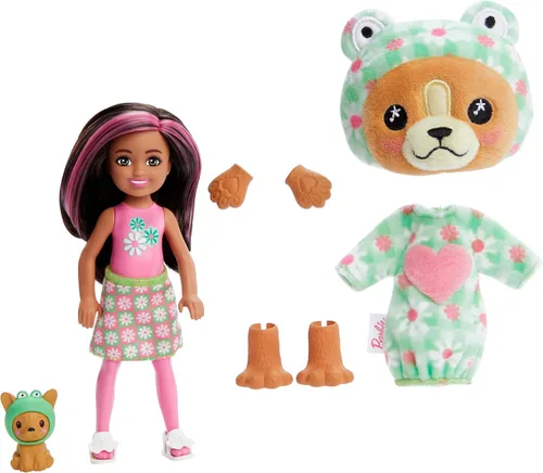 Vista 7 de Muñeca Barbie Cutie Reveal Chelsea y accesorios, disfraz de peluche de animal y 6 sorpresas que incluyen cambio de color, cachorro como rana