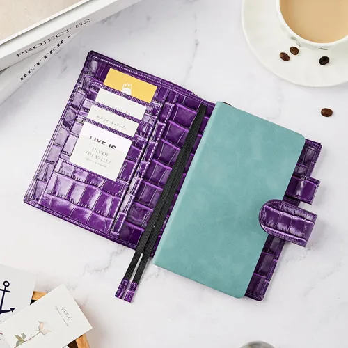 Vista 7 de Funda de planificador A6 para Hobonichi Original, Stalogy y Midori MD Planners, con cremallera y bolsillo trasero grande, piel de cocodrilo (morado)