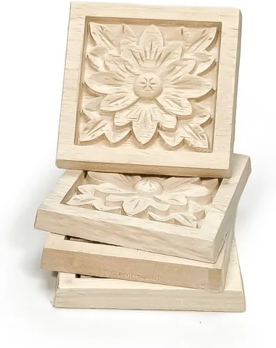 Vista 5 de 10 piezas decorativas de madera tallada con flores onlays, 2.4 x 2.4 pulgadas sin pintar, calcomanía cuadrada de madera maciza sin pintar