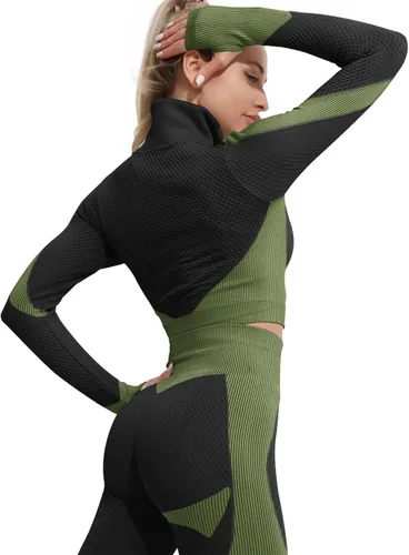 Vista 3 de Conjunto deportivo de 3 piezas para mujer, sin costuras, de manga corta, brasier deportivo, cintura alta, pantalones cortos de yoga, verde - 01