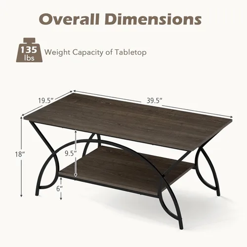 Vista 2 de GOFLAME Mesa auxiliar industrial, mesa central rectangular de 2 niveles con estante de almacenamiento, mesa decorativa con marco de metal arqueado