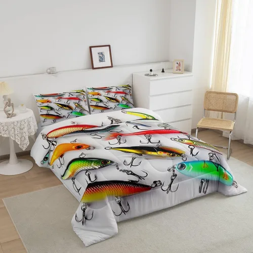 Vista 3 de Erosebridal Juego de ropa de cama de pesca tamaño individual, juego de edredón de peces coloridos para niños, adolescentes, hombres, pescadores