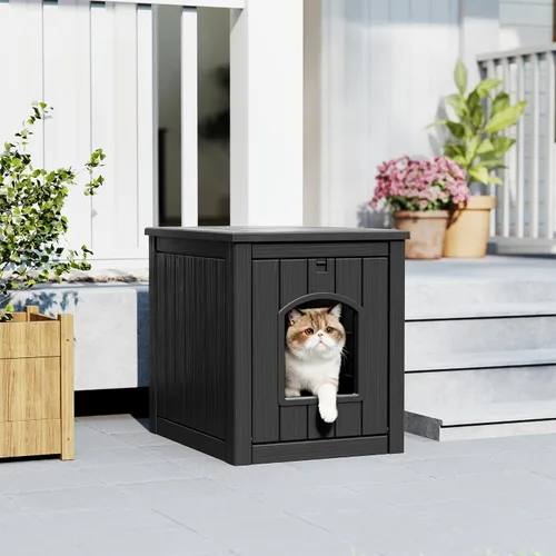 Vista 2 de Casa para gatos al aire libre resistente a la intemperie, casa de plástico para gatos exterior impermeable con puerta frontal abierta, refugio
