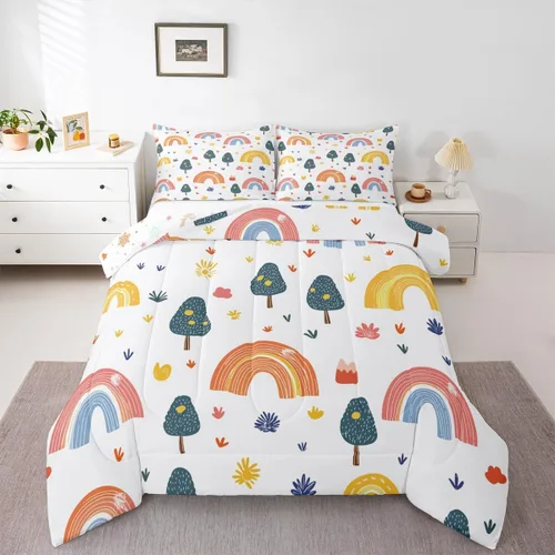 Vista 9 de Erosebridal Juego de edredón arcoíris de 2 piezas, edredón de nube de dibujos animados kawaii iridiscente individual para niños, niñas, mujeres