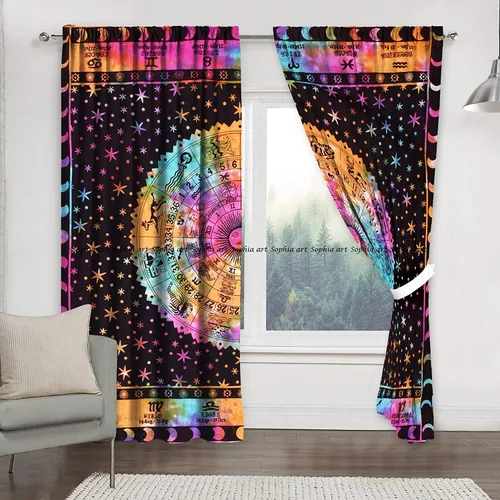 Vista 9 de Cortinas de ventana de mandala hippie indio, gitano, bohemio, sol, luna, hermosas cortinas para dormitorio, sala de estar, balcón, cenefa