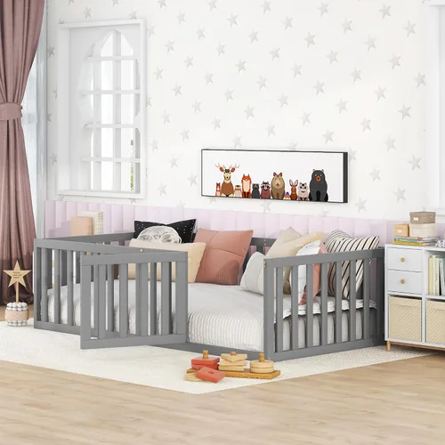 Vista 9 de Harper & Bright Designs Cama Montessori doble con valla y puertas, marco de cama de piso para espacios pequeños, sin rejas, gris