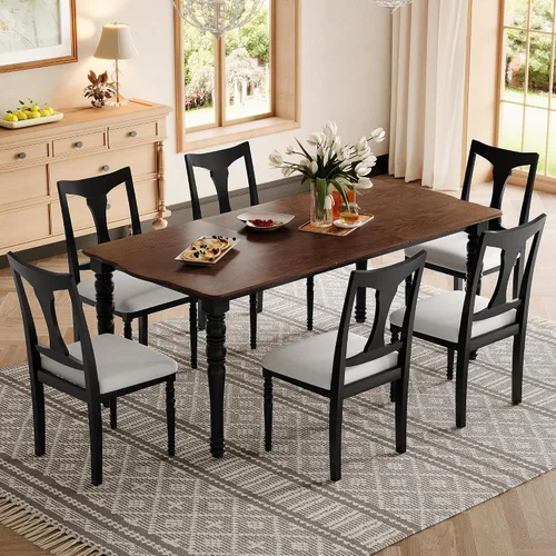 Vista 85 de Juego de mesa de comedor vintage de 6 piezas, juego de mesa de comedor de cocina de madera maciza con 4 sillas ergonómicas acolchadas y banco, mesa