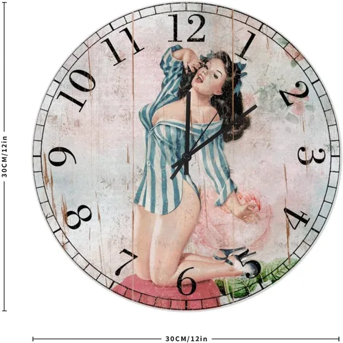 Vista 2 de Pin Up - Reloj de madera para niñas, silencioso, funciona con pilas, 12 pulgadas, estilo retro, de madera, con números arábigos, para el hogar