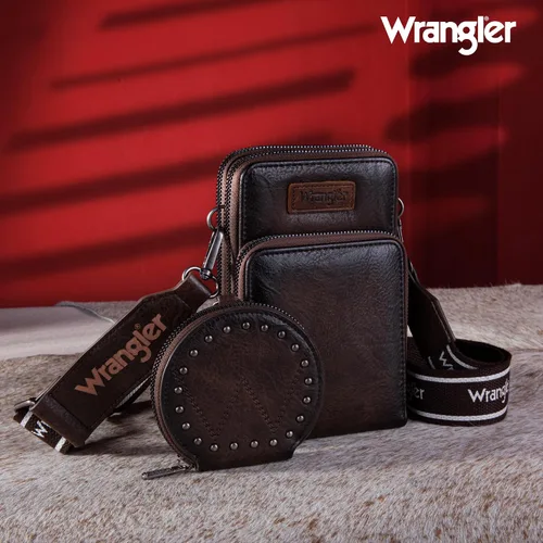 Vista 2 de Wrangler Bolsos cruzados pequeños para mujer, bolso cruzado para teléfono celular, cartera con ranuras para tarjetas de crédito WG117-207CF, B Café