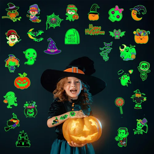 Vista 2 de JCFIRE Tatuajes de Halloween para niños, recuerdos de fiesta de Halloween, tatuajes temporales que brillan en la oscuridad, decoraciones de fiesta