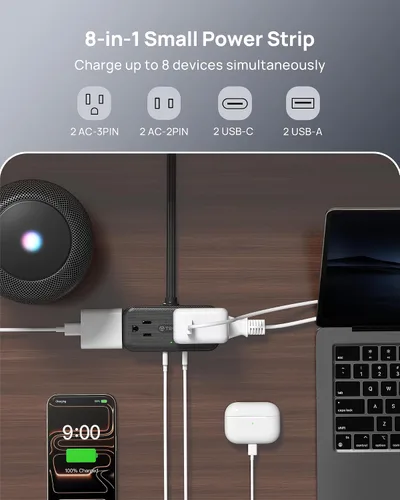 Vista 2 de TROND Regleta de alimentación de enchufe plano de 3 pies, cable de extensión plano pequeño con múltiples tomas, 4 puertos de CA y 4 puertos USB