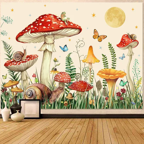 Vista 8 de Zussun Tapiz de hongo rojo, tapices de luna y estrella para dormitorio, estética de color beige, noche estrellada, planta verde, tapiz de pared