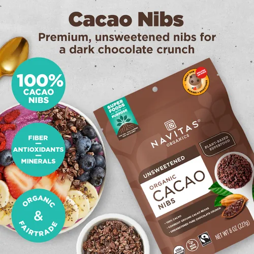 Vista 2 de Navitas Organics Cacao Nibs – Crujido de Chocolate Negro Sin Azúcar – Antioxidantes, Minerales, Fibra – Para Mezcla de Frutos Secos, Horneado y Más
