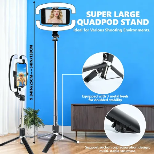 Vista 4 de Luz plegable para selfie con soporte, soporte extensible de 54 pulgadas para teléfono con luces LED regulables y control remoto, trípode de luz