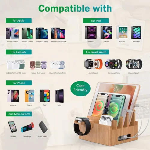 Vista 4 de Estación de carga para teléfono celular Pezin & Hulin, organizador de muelle de bambú para múltiples dispositivos, tabletas, reloj inteligente