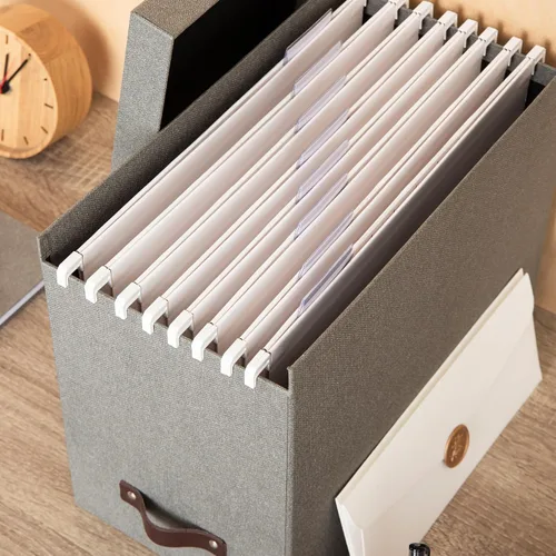 Vista 5 de Bigso Box of Sweden Organizador de archivos con elegante asa de cuero, caja organizadora de aspecto escandinavo que incluye 8 archivos colgantes