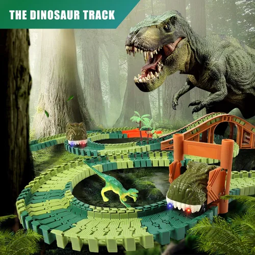 Vista 4 de Jurassic Dinosaur Toys - Carrera de autos de carreras para niños de 4 a 7 años, dinosaurio World Road Race – Juego de pista de tren flexible con 2