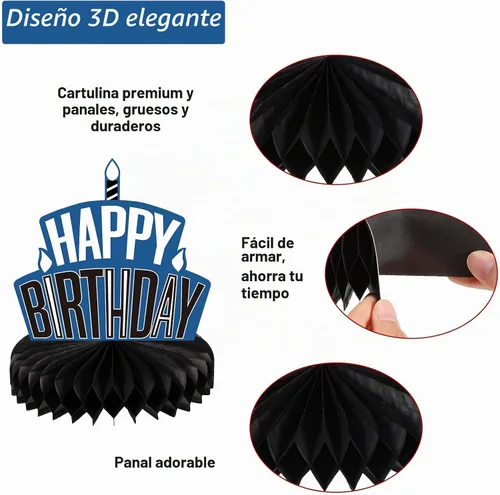 Vista 4 de Pajean 8 Piezas Centros de Mesa de Cumpleaños Azules y Negros con Diseño de Panal, Centros de Mesa Azules y Negros, Decoraciones, Cartel de Centro