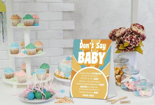 Vista 3 de No digas juego de bebé, Here Comes the Sun, juego de baby shower incluye letrero de baby shower y 50 pinzas para la ropa, decoración de baby shower