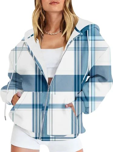 Vista 2 de Womens Long Sleeve Hooded Pullover Zip Up Plaid Drawstring Hoodies Oversized Y2K Clothes Fall Fashion Tops with Pocket