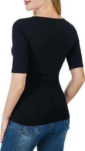 Vista 3 de Camiseta ajustada de media manga con cuello cuadrado para mujer