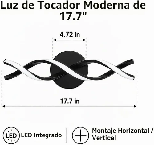 Vista 6 de Moderna iluminación LED negra para tocador, lámpara de baño sobre espejo, 18 pulgadas, 6000 K blanco frío Negro-18