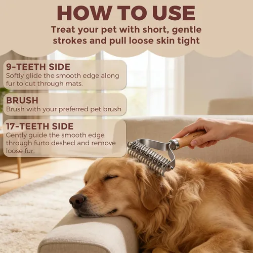 Vista 3 de Rastrillo de capa interior para perros, peine profesional para desenmascarar mascotas con mango de madera, cuchillas de acero inoxidable