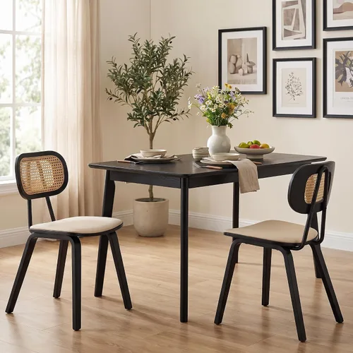 Vista 7 de Juego de 2 sillas de comedor de ratán, asiento de piel sintética Beige/Negro