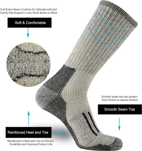 Vista 5 de ONKE Calcetines acolchados de lana merino para hombre, para senderismo, todas las estaciones, botas de trabajo, pesadas, gruesas, térmicas, absorben