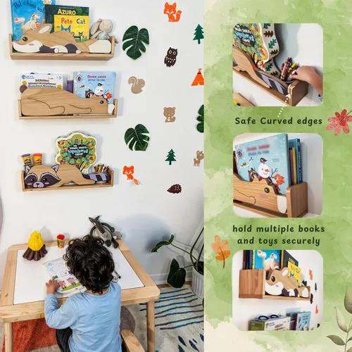 Vista 6 de 3 estantes flotantes, estante de pared para habitaciones de niños, estanterías de guardería de bosque, zorro de oso y mapache de 24 pulgadas