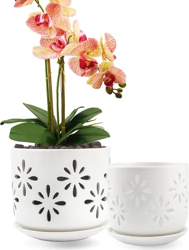 Vista 10 de Macetas para orquídeas LITUDISO, 5+6 pulgadas, blancas, de cerámica, aireadas, para interior/exterior, 7 pulgadas de ancho/altura, paquete de 2