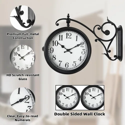 Vista 3 de Reloj de pared de doble cara, reloj de pared vintage de metal europeo, relojes de pared grandes de esquina antiguos para jardín, interior, exterior