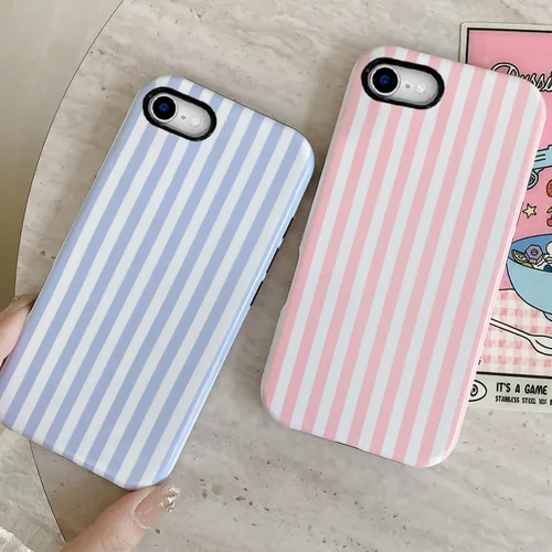 Vista 4 de Compatible con iPhone SE /8/7, diseño de patrón estético a rayas, resistente a los arañazos, funda protectora híbrida de 2 capas a prueba de golpes