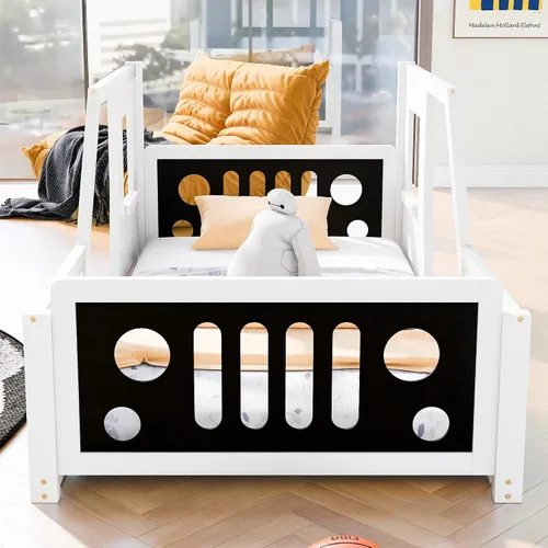 Vista 4 de Polibi Cama de plataforma, tamaño individual, cama clásica de madera en forma de automóvil con ruedas, cabecero, estribo, puertas, ventanas