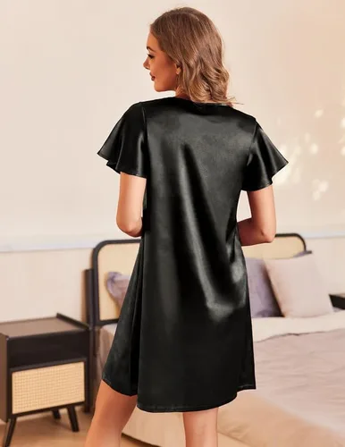 Vista 5 de Ekouaer Camisón de satén para mujer, cuello en V, de seda, manga corta acampanada, ropa de dormir plisada