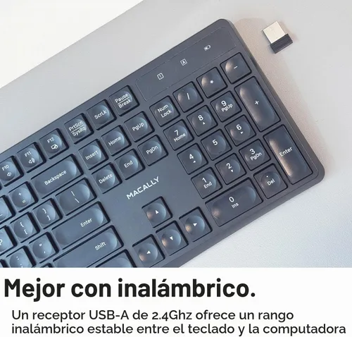 Vista 3 de Macally Teclado inalámbrico - Teclado ergonómico de tamaño completo de 2.4 G inalámbrico con teclado numérico y 13 teclas de acceso directo