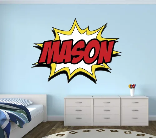 Vista 3 de Calcomanía de pared personalizada con nombre de cómic, calcomanías de pared de superhéroes, calcomanías de pared para guardería, mural de habitación