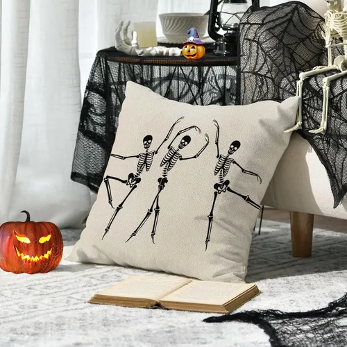 Vista 6 de JOOCAR Fundas de almohada de calavera de Halloween, diseño de esqueleto, divertida funda de cojín para sofá, decoración del hogar, 16 x 16 pulgadas