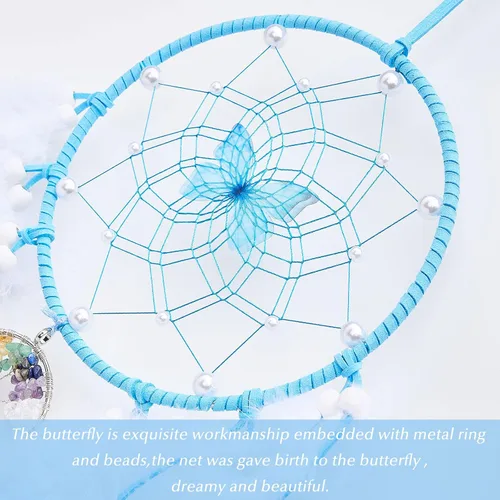 Vista 3 de Atrapasueños de árbol de la vida de mariposa de ensueño, decoración de pared, atrapasueños azul con piedra de cristal, atrapasueños de plumas hechas