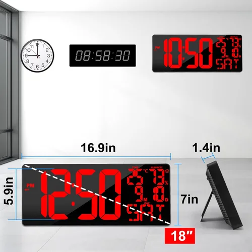 Vista 6 de [De gran tamaño] Reloj de pared digital grande de 18 pulgadas con control remoto, pantalla de reloj digital con atenuación automática