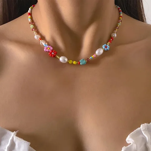 Vista 2 de Colorful Beaded Necklace for Women Beaded Pearl Choker Necklace for Teen Girls Stainless Steel 14K Gold Plated Necklace Y2K Trendy Pearl Necklace