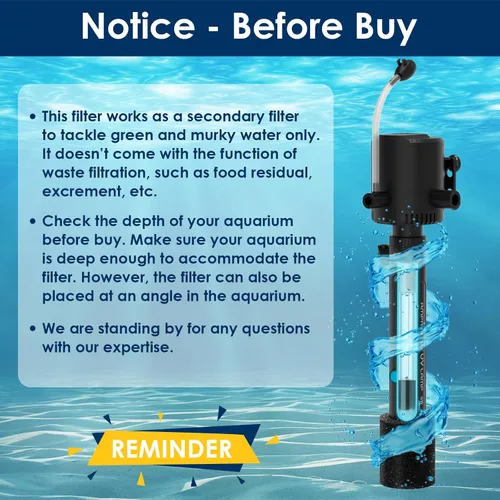 Vista 8 de Filtro U-V para acuario para agua verde, máquina limpia verde para peceras con aireación y salida de agua doble, bomba de agua sumergible y luz U-V